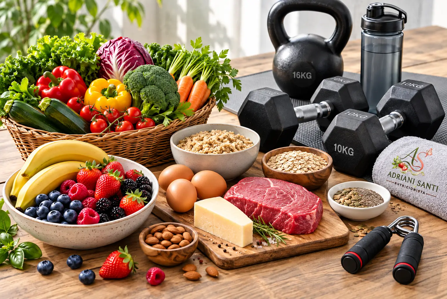 Alimentos nutritivos e equipamentos de treino para hipertrofia e ganho de massa muscular