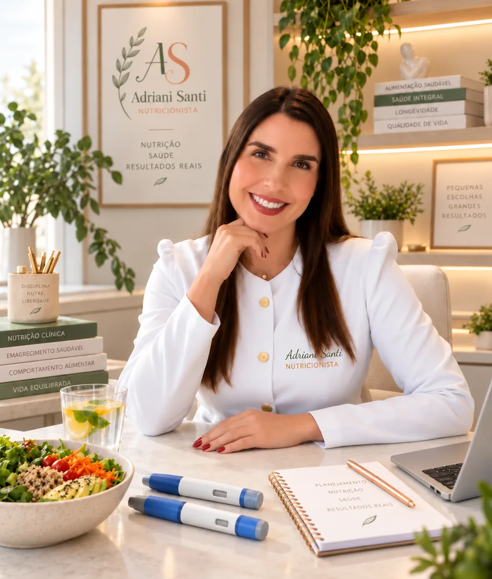 Adriani Santi em consultório, com alimentos e canetas de GLP-1 sobre a mesa