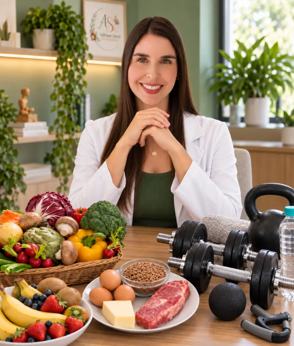 Adriani Santi, nutricionista em Alegrete, com alimentos e equipamentos de treino para hipertrofia