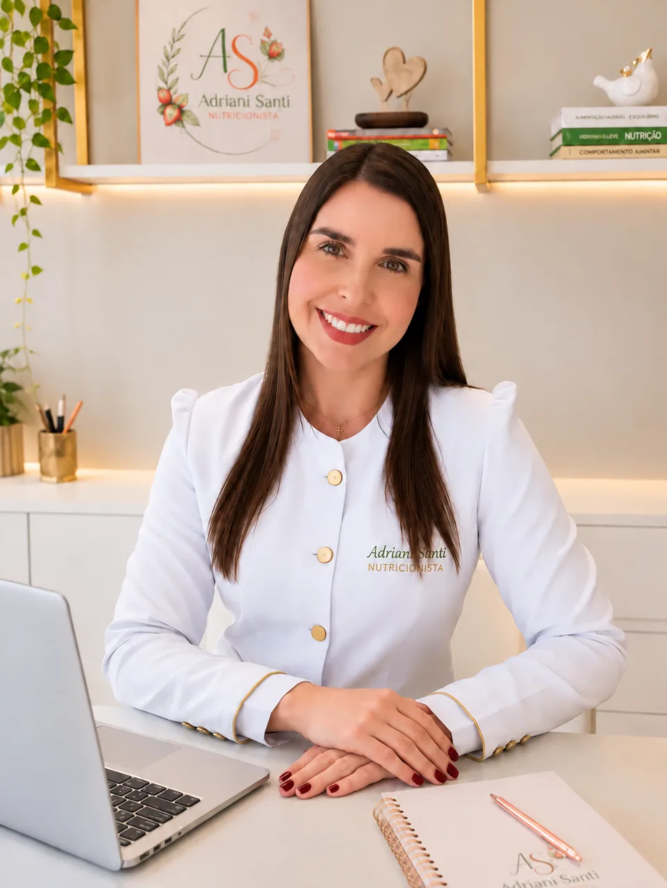 Adriani Santi em consultório, em atendimento nutricional voltado à saúde da mulher